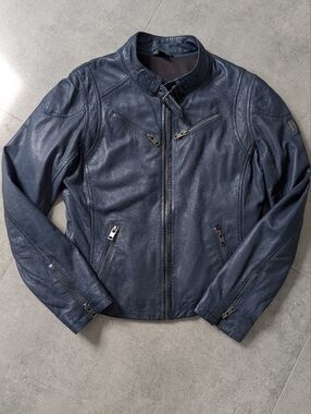 Mauritius Sandy Lamb Leather Jacket S | Dark Blue Moto Zip Regular Fit